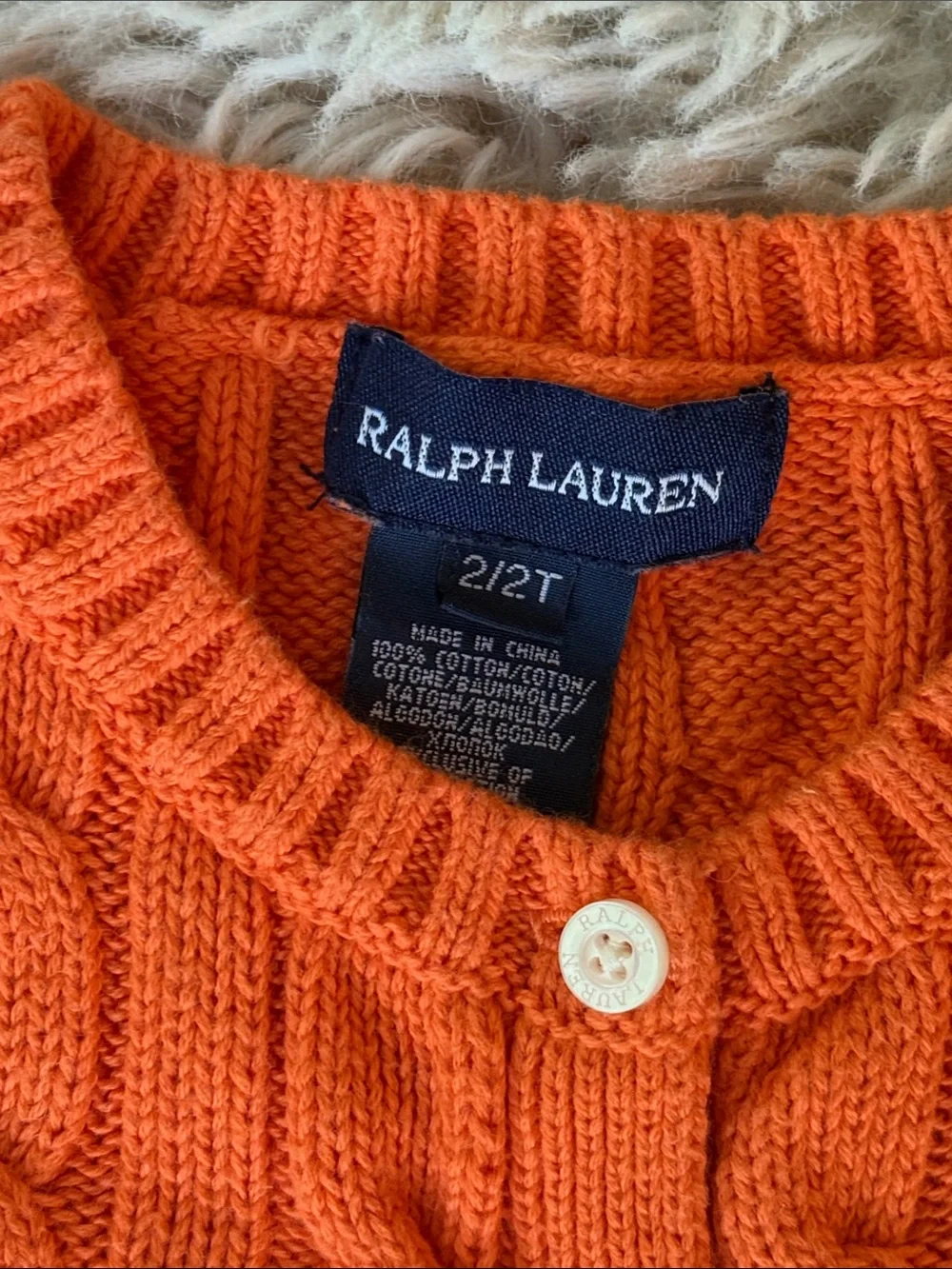 🐎 Ralph Lauren Bright Orange Cable-Knit Button Pullover 2/2T
